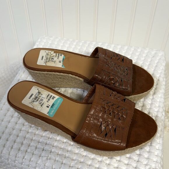 Nine West Brown Leather Mule Wedge Espadrille Sandals Size 7 - Picture 2 of 7